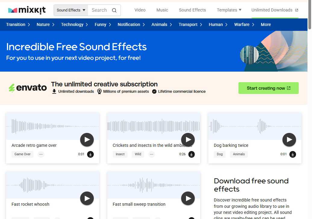 Mixkit-free Sound 网站截图
